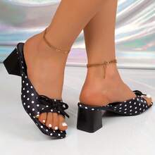 Y2K Retro Polka Dot Comfortable Chunky Heel Sandals, Bowknot Square Toe Slides, Suitable For Daily Outings And Gatherings In Summer - Black - View 4
