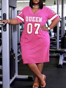 Đầm mùa hè in chữ, dáng rộng, cổ chữ V, cỡ lớn, thanh lịch và thoải mái. - Màu Hồng Tươi - Xem 1