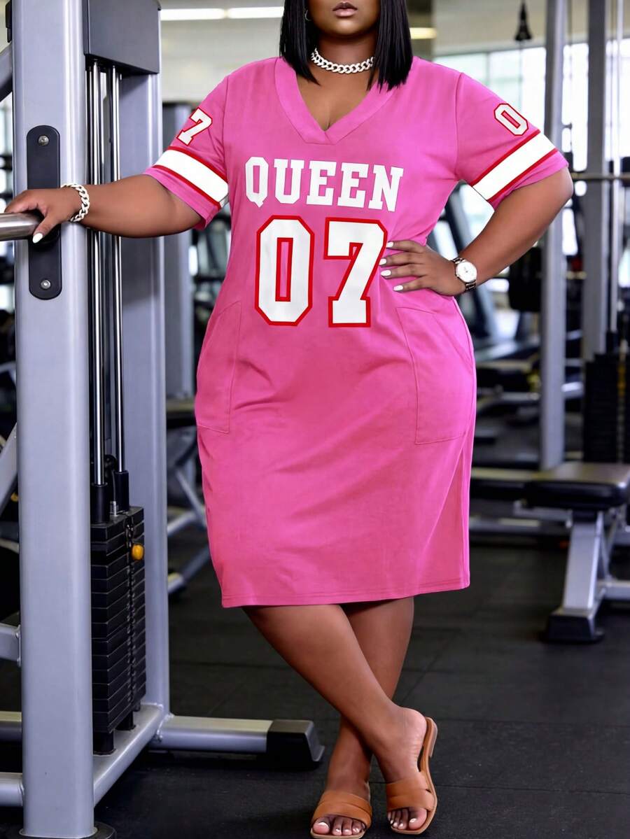 Đầm mùa hè in chữ, dáng rộng, cổ chữ V, cỡ lớn, thanh lịch và thoải mái. - Màu Hồng Tươi - Xem 1