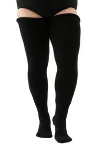 1pair Women's Plus Size Thigh High Socks With Anti-Slip Bands, Warm Kneehigh Leg Warmers, Cozy - màu đen - Xem 3