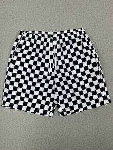 1pc Men's Lightweight Black & White Checkered Retro Plaid Casual Shorts, Breathable Drawstring Beach Pants For Summer, Daily Home, Commute, Vacation, Running & Sports, Loose Fit, Father's Day Gift - Black - View 7