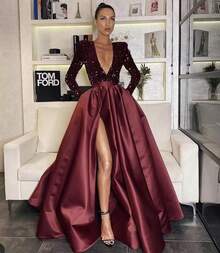 Women's Sexy Long-Sleeve Sequin V-Neck Flared Sequin Slit Long Evening Dress - 紅色 - 查看 9