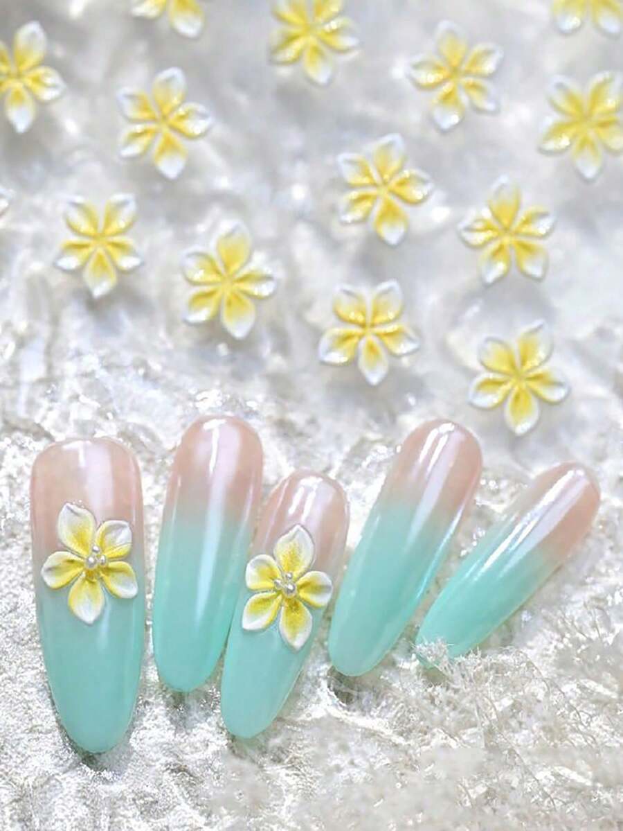 1张夏日海岛海滩度假主题鸡蛋花美甲贴纸，5D薄荷花美甲贴花，适合女士DIY美甲，迷人设计