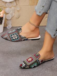 大码 35-45 女式尖头黑色平底穆勒鞋，新款秋季户外日常休闲乐福鞋，软底休闲一脚蹬鞋，百搭单脚设计，可搭配连衣裙，多种颜色可选 - 棕底方形格紋 - 查看 4