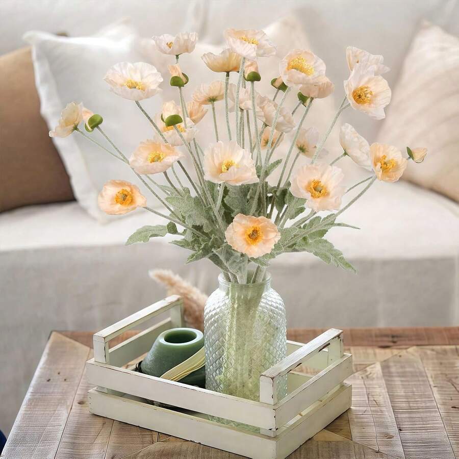 Artificial Silk Poppy Flower Bouquet, Plastic Floral Centerpiece Decoration For Wedding, Home, Kitchen, Garden, Party, Silk Poppy Flower With Stem, Wedding Party Table Centerpiece Decor - Champagne - View 1