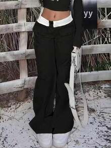 Quần ống đứng kẻ sọc phong cách Hàn Quốc, thiết kế độc đáo, thắt eo, kiểu dáng thường ngày. - màu đen - Xem 1