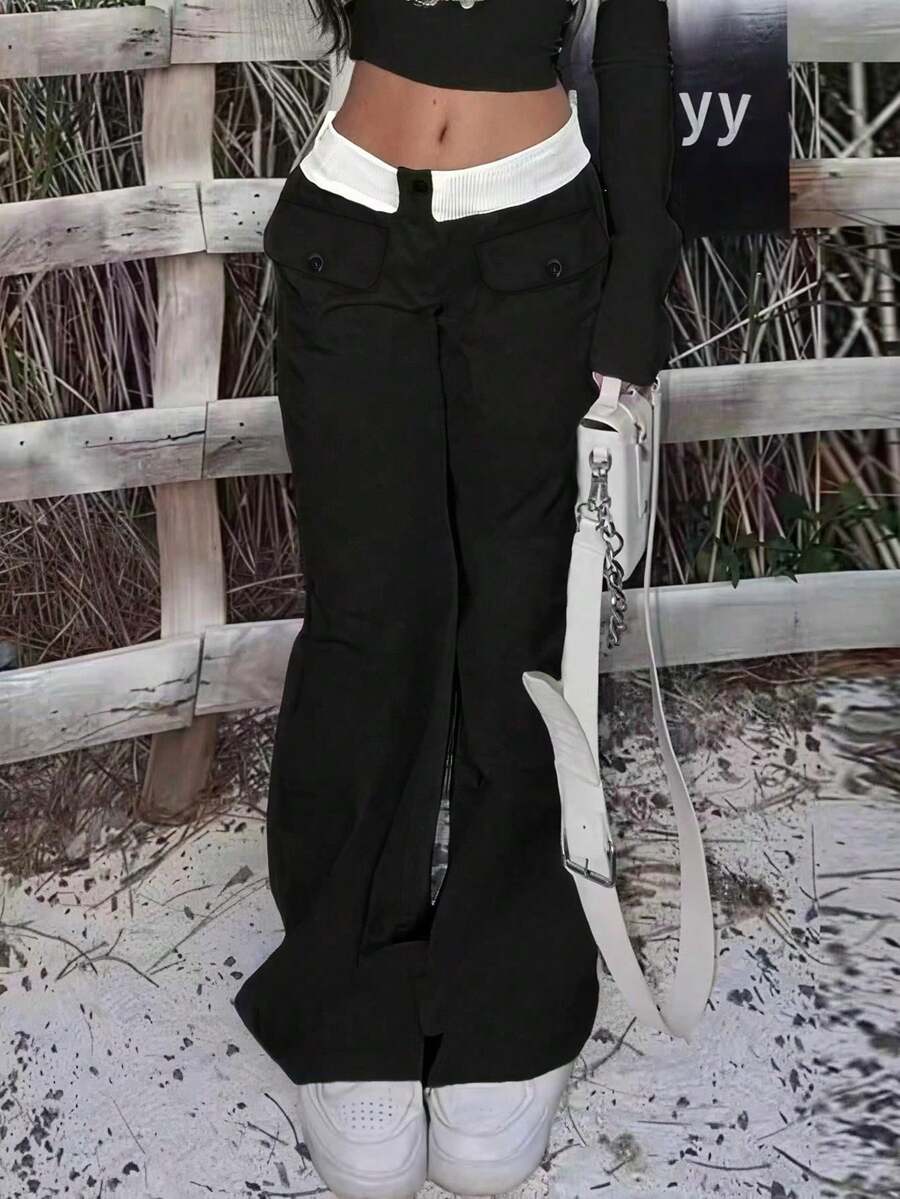 Quần ống đứng kẻ sọc phong cách Hàn Quốc, thiết kế độc đáo, thắt eo, kiểu dáng thường ngày. - màu đen - Xem 1