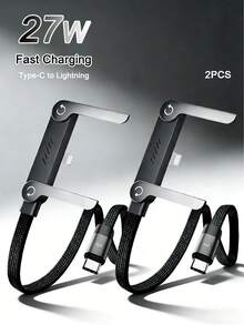 2pcs/1pc 2-In-1 Multifunctional Data Cable, Max 27W Fast Charging With Stand, Nylon Braided Material, Supports Rapid Charging, Built-In Phone Stand, T-Shaped Foldable Design, USB-C To Lightning Interface, Suitable For IPhone 14/13/12/11/XS/9/8 - Great For Home, Office And Travel Use - Black - View 1
