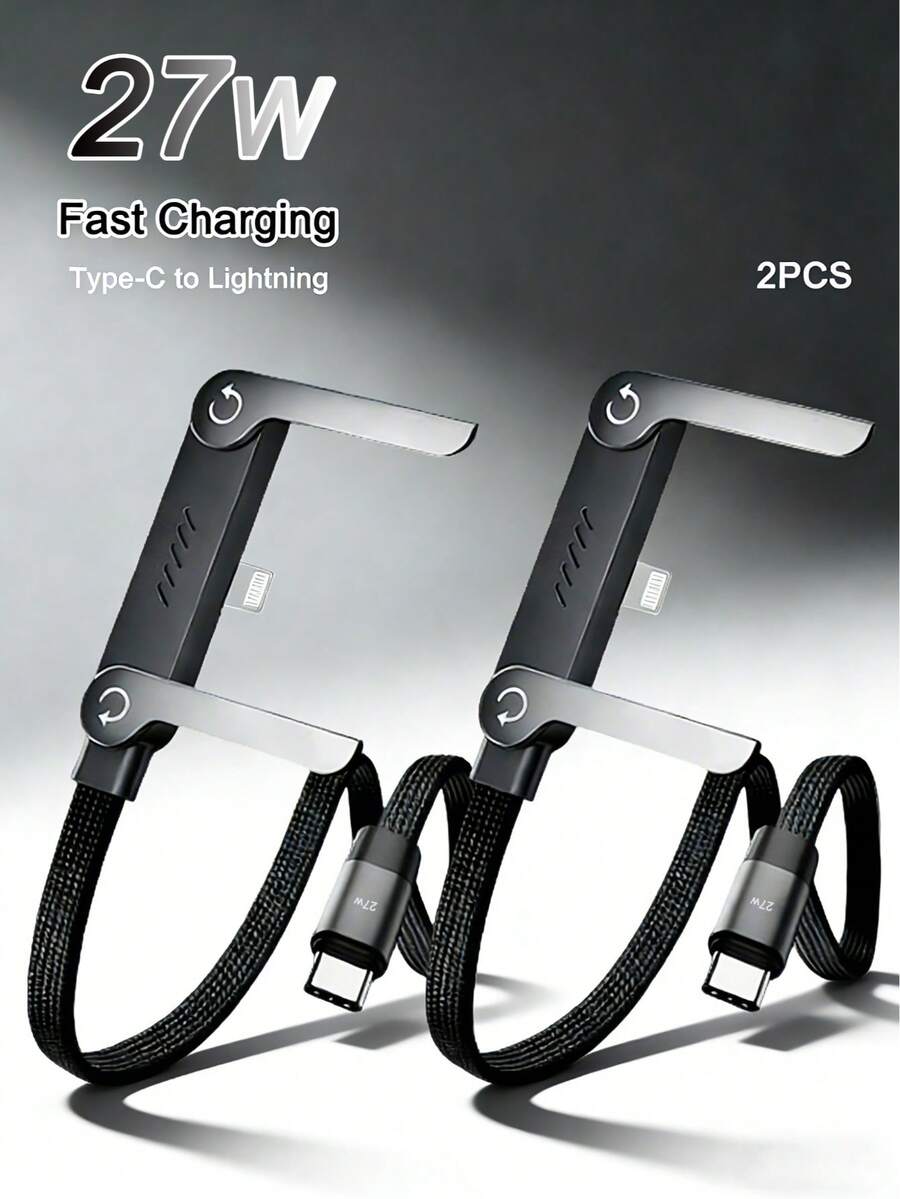 2pcs/1pc 2-In-1 Multifunctional Data Cable, Max 27W Fast Charging With Stand, Nylon Braided Material, Supports Rapid Charging, Built-In Phone Stand, T-Shaped Foldable Design, USB-C To Lightning Interface, Suitable For IPhone 14/13/12/11/XS/9/8 - Great For Home, Office And Travel Use - Black - View 1