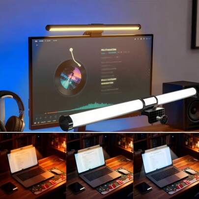 1条可调节LED USB电脑屏幕灯条，带4个按钮，45度可调家用电脑屏幕吊灯，三色灯，适用于台式电脑，阅读灯
