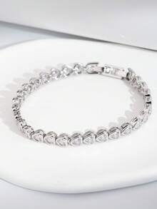 一套奢华优雅的镶嵌立方氧化锆心形手链，适合女士婚礼和派对佩戴，不含礼盒 - 銀色 - 查看 2