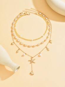 3件套金色海星吊坠串珠项链，时尚百搭的颈链，适合日常佩戴和海滩度假 - 彩色 - 查看 2
