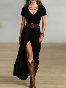 Solid Color Casual Waist Belt Beach Dress Black Elegant Summer - Black - View 2