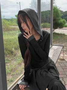 休闲百搭条纹拼接连帽长袖T恤 - 黑色 - 查看 6