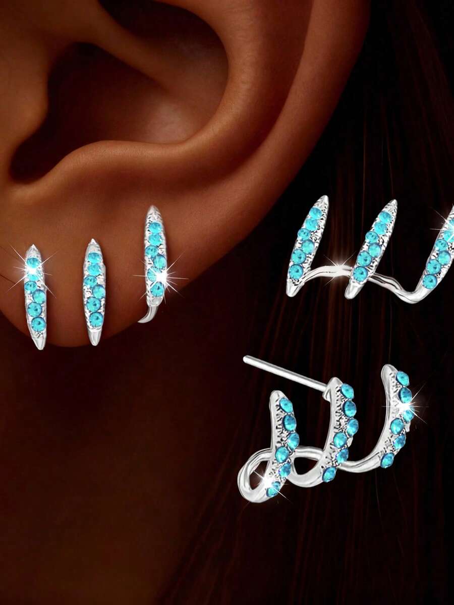 2pcs New Minimalist Blue Diamond Inlaid Layered Arc Design Earrings For Women - Baby Blue - View 1