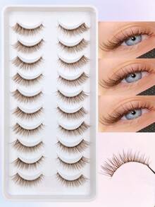 Rikuaild 10 Pairs Brown Lashes Wispy False Eyelashes - Natural Long Lashes Clear Band Reusable Brown Eyelashes - Brown - View 2