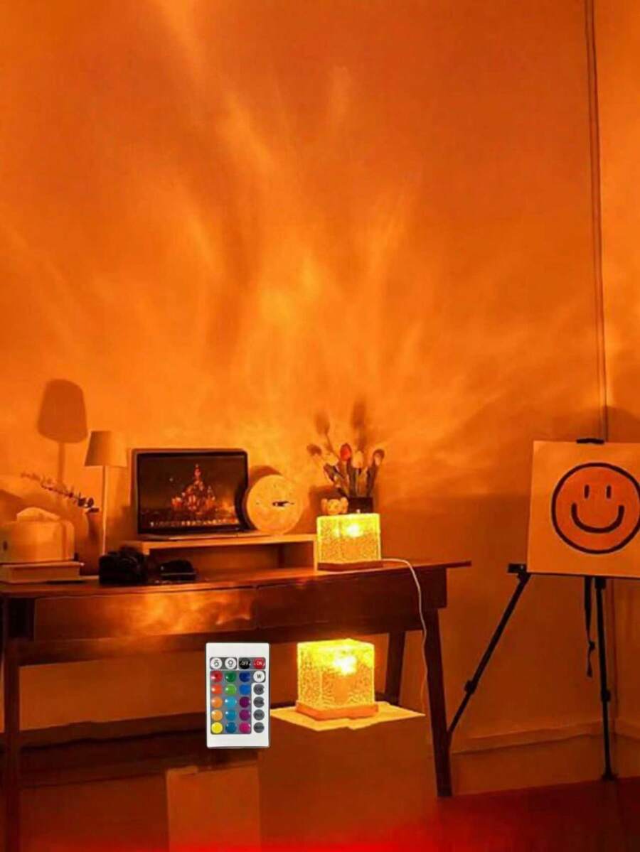1pc 16-Color Water Wave Projection Night Light, Glowing Cube Crystal Lamp With Touch/Remote Control, Suitable For Bedroom, Office, Game Room Decor And Party Gift, Peaceful Ambiance Lighting - Multicolor - View 1