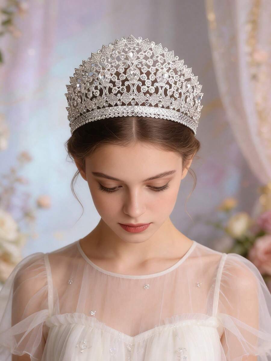 1 chiếc vương miện cài tóc sang trọng cho cô dâu và phù dâu, kiểu dáng vương miện hoàng gia thanh lịch đính đá Zirconia, phụ kiện váy cưới. - Bạc - Xem 1