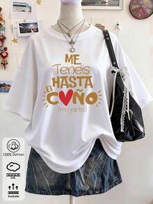 T-shirt femme en coton imprimé avec slogan espagnol << Me Teneís Hasta El Coño », manches courtes, style streetwear Y2K. Doux, fluide et respirant. - Blanc - Voir 2