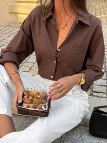 Look Polly 女士夏季棕色上衣，单排扣设计，胸前口袋，适合夏季海滩装扮，打造休闲街头风，通勤和周末度假必备单品 - 咖色 - 查看 11