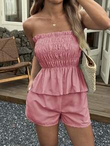 Bộ đồ hai mảnh Vaiaye mùa hè phong cách Hawaii Bohemian dành cho nữ - Áo ống kẻ sọc viền bèo nhún và quần short, hoàn hảo cho các buổi hẹn hò, tiệc trà chiều, kỳ nghỉ, lễ hội âm nhạc và ngày Valentine. Màu đỏ - Đỏ - Xem 11