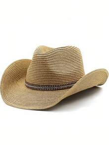 女士夏季草编牛仔帽，防紫外线宽檐西部牛仔帽，适合海滩和户外活动 - 巴拿馬草編帽 - 查看 5