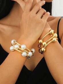 3pcs Vintage Chunky Gold/Silver/Pearl Bracelet Set, European And American Style, Suitable For Women's Beach, Dating, Fashion Shooting, Holiday Decoration, Charm Jewelry Gift - Nhiều màu - Xem 1
