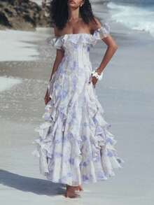 Elegant And Stylish, This Beach Vacation-Style Halter Dress Features A French Ruffled Skirt, Creating A Romantic And Ethereal Vibe With Its Flowing, Fairy-Like Silhouette - trắng - Xem 1