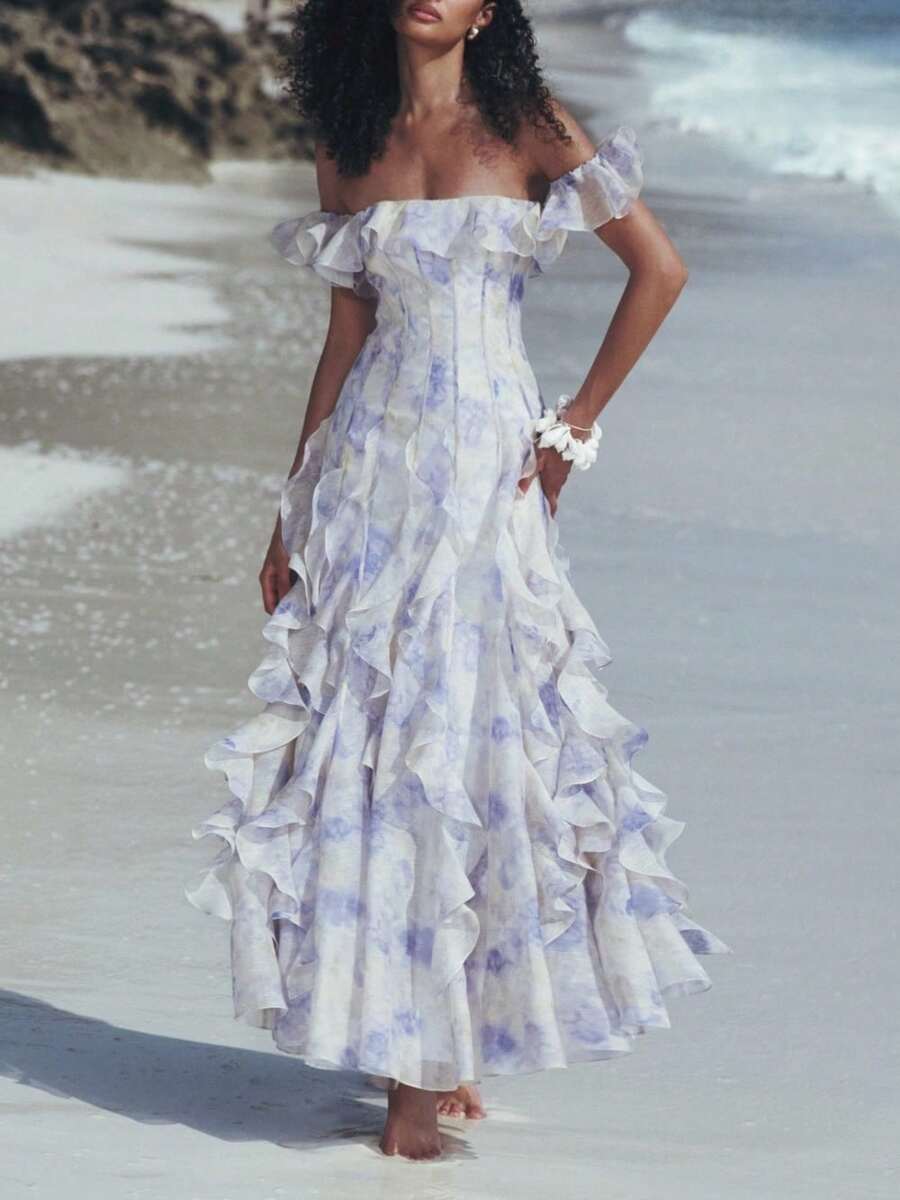Elegant And Stylish, This Beach Vacation-Style Halter Dress Features A French Ruffled Skirt, Creating A Romantic And Ethereal Vibe With Its Flowing, Fairy-Like Silhouette - 白色 - 查看 1