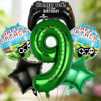 1 Set de Decoración de Globos con Temática de Videojuegos, Incluye Globos Verdes Número 32 Pulgadas, Globos de Mando de Juego, Globos Impresos de Cumpleaños y Globos Estrella. Adecuado para Fiestas de Cumpleaños de Niños, Fiestas con Temática de Juegos, Celebraciones de 1er Cumpleaños, Reuniones de Padres e Hijos de Deportes Electrónicos, Crea Fácilmente una Atmósfera de Fiesta de Deportes Electrónicos Animada y Viva
