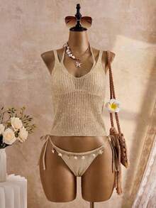 金色金属针织V领无袖露脐上衣，半透明中等弹力吊带背心，时尚夏季派对装 - 金色 - 查看 2