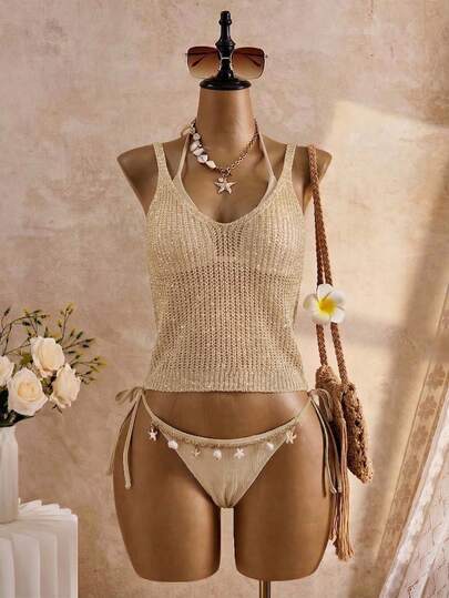 Top corto de punto metálico dorado con escote en V sin mangas para mujer, camiseta sin mangas semitransparente de estiramiento medio, elegante para usar en fiestas de verano