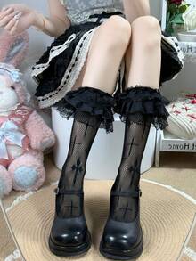 1双女士薄款蕾丝边镂空深色百搭中筒袜，适合春夏穿着 - 黑色 - 查看 1