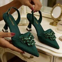 Venus Chan Glamorous Women's High Heel Shoes With Sparkling Diamond Accents - Stylish Pointed-Toe Design For Parties And Daily Commuting - Green - View 13