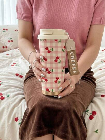 粉色格子樱桃印花保温旅行杯，带提手，24小时保冷12小时保温，不锈钢真空保温瓶，防漏咖啡杯，适用于办公室、野餐和通勤，送给女性和女孩的精美礼物