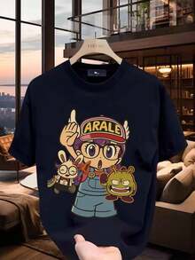 Summer TopsDr Slump Arale Noriyaro Men's Anime T-Shirt - Full-Body Retro Arale & Dr. Slump Graphic, 80% /20%, Casual Streetwear Tee For Pop Culture Fanscotton T-Shirt Cotton - 黑色 - 查看 5