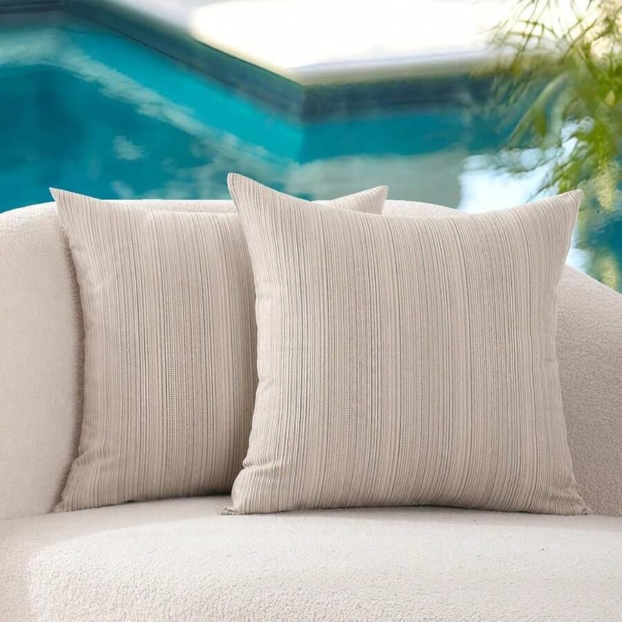 Outdoor Waterproof Throw Pillow Covers 16x16 Set Of 2 Decorative Outside Patio Furniture Cushion Cases Decor For Garden Bench Porch Couch Tent Sunbrella Stripe Beige - 米色 16吋 x 16吋(2個裝) - 查看 1