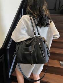 1 Túi xách cỡ lớn màu nâu đậm, chất liệu vải bố, thiết kế nhiều ngăn khóa kéo, có thể chuyển đổi thành quai xách tay hoặc đeo chéo, kiểu dáng moto cổ điển, túi đa năng dùng đi làm và đi học cho nữ. - màu đen - Xem 5