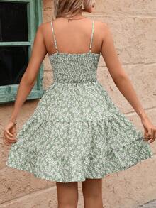 Đầm chữ A hai dây họa tiết hoa nhí dành cho nữ, phối bèo nhún, kiểu dáng mùa hè tươi mát và ngọt ngào. - màu xanh lá - Xem 2