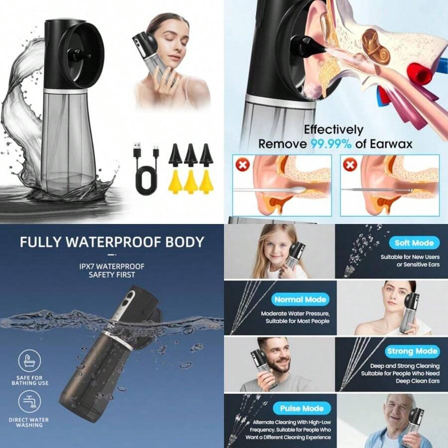 Scian Ear Wax Removal Electric Ear Irrigation Flushing System Water Powered Ear Cleaner Tool With 4 Pressure Settings  And Effective Ear Cleaning Kit With 6 Reusable Tips USB Rechargeable IPX7#QAZ - như hình - Xem 1