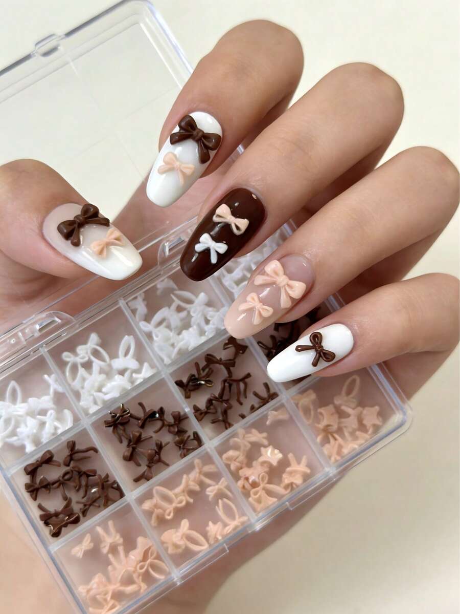 12pcs/Set 3-Color Mini Bow Nail Art Decorations, Mixed White & Yellow Nail Accessories - Multicolor - View 1