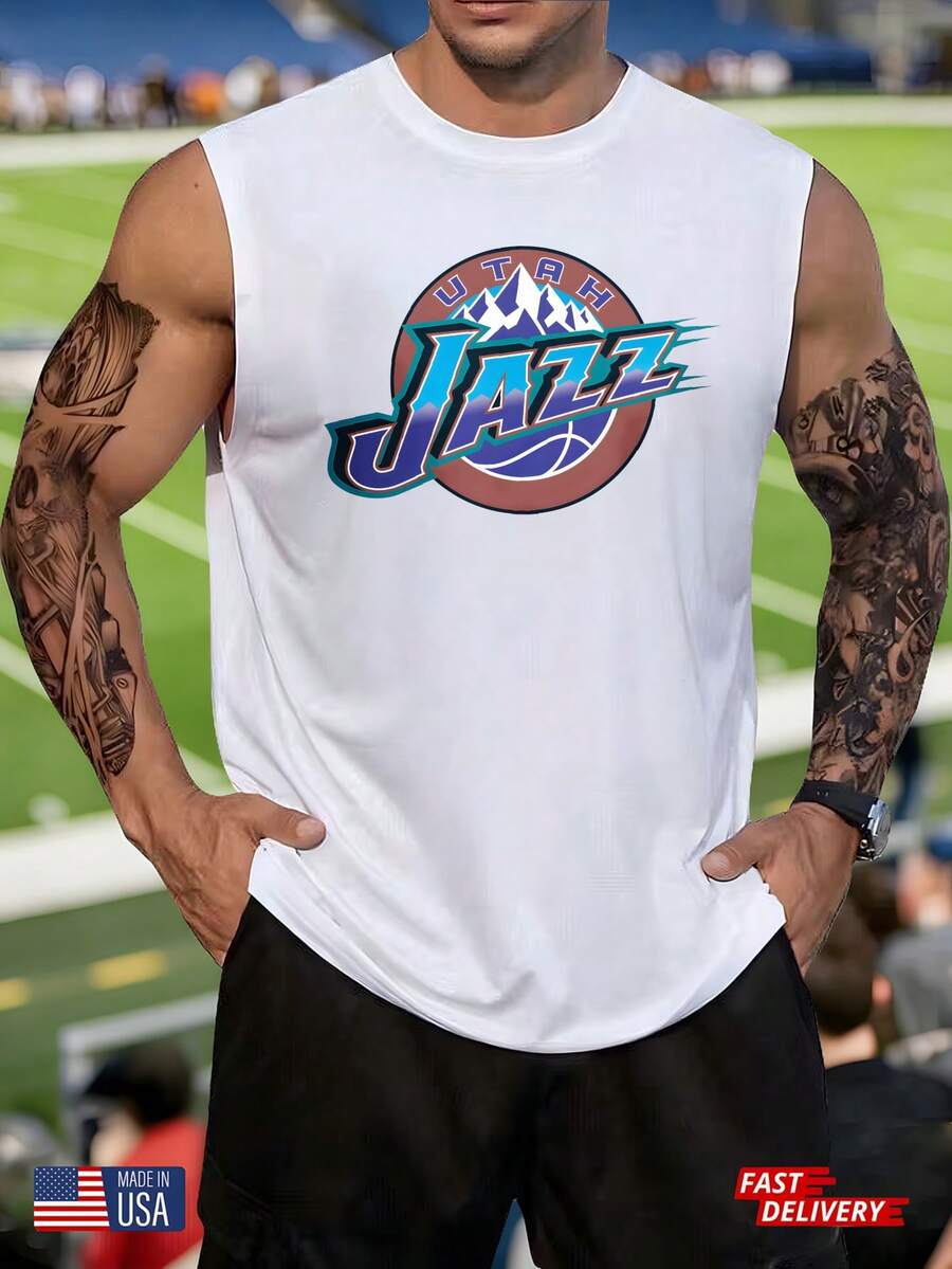 Men's Summer Streetwear Sleeveless T-Shirt Utah Jazz Logo Basketball Team Design White Muscle Tank Top For Men Sporty Casual Wear Athletic Workout Shirt With Bold Graphic Print Made In Usa Fast D - 白色 - 查看 1