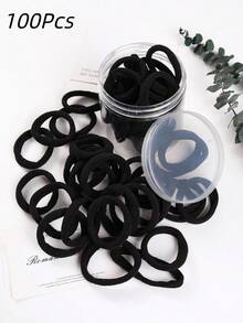 100 piezas/paquete Lazos de cabello negros grandes, bandas de cabello gruesas sin costuras, adecuadas para niñas, sujetadores de coleta elásticos, no dañinos, aptos para cabello grueso y rizado, accesorios para el cabello, bandas de goma - Negro - Ver 5