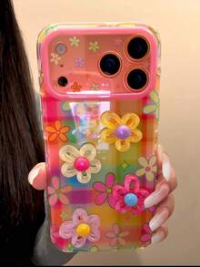 Flower Korean Style Ins Dopamine Colorful Plaid 3D Floral 17 Pro Max Phone Case, Creative Protective Cover Compatible With Apple 15 Pro, 14, 13, 16, 17 Unique Design For Women - Multicolor - View 2