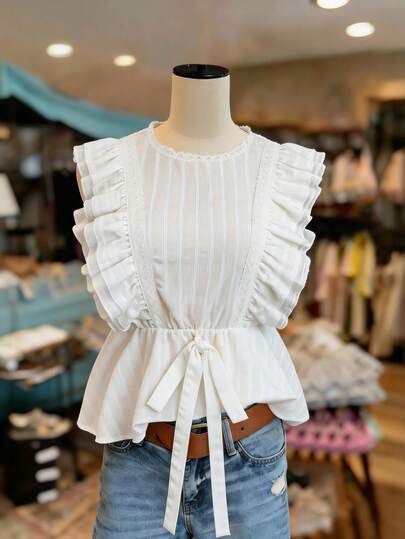 Áo kiểu ren thanh lịch, áo sơ mi nhẹ kiểu Hàn Quốc thắt eo, thiết kế ngắn ôm sát, màu trắng Niche.