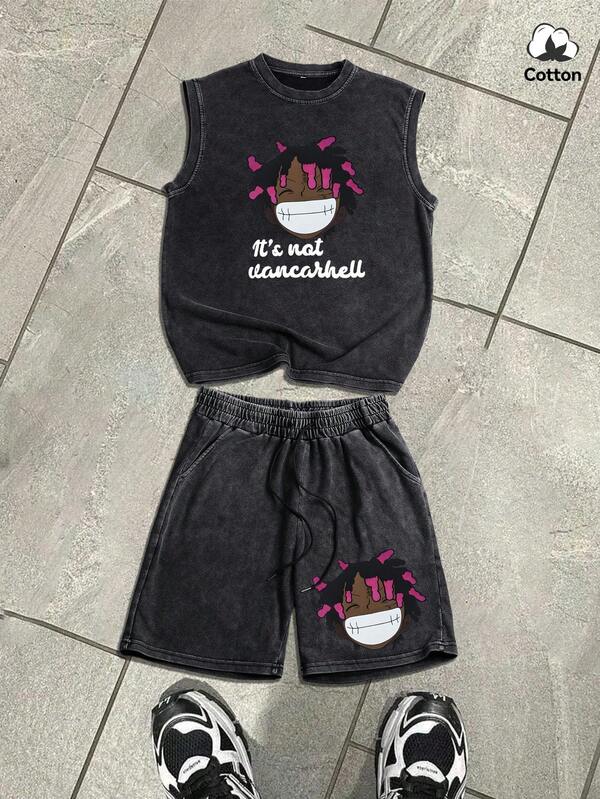 Summer Men's Washed Vintage Street Style Printed Set, Black Elastic Vest & Shorts Set, Casual Fashion 2-Piece Outfit