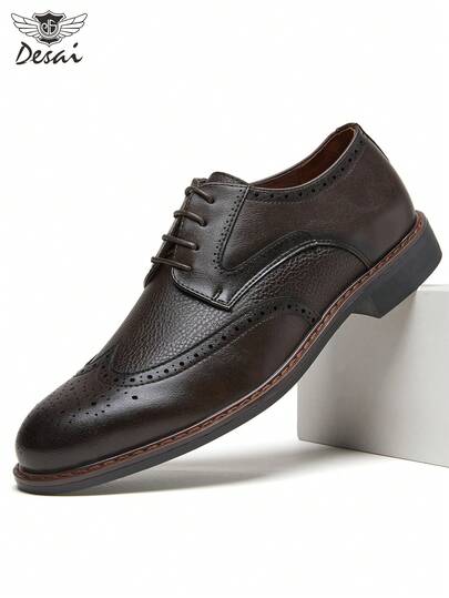  Giày tây nam Desai kiểu dáng cổ điển, đục lỗ, chạm khắc tinh tế, giày da công sở mũi nhọn cổ điển với dây buộc bằng da vân vải, phù hợp cho công việc, đi làm và đám cưới.
