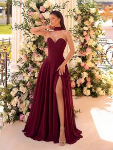 优雅的无肩带深V领设计，胸部褶皱剪裁，高腰设计，A字开衩裙摆，露背系带，及地长款派对礼服，适合盛大晚宴、生日派对、正式晚宴、约会、返校舞会、婚礼宾客、正式晚宴、家庭聚会等场合。 - 酒紅色 - 查看 5