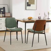 Juego de 2 Sillas de Comedor Estilo Retro Moderno de Mediados de Siglo, Silla de Lino con Respaldo de Madera Curvada de Nogal, Asiento Tapizado, Patas de Metal con Pie Ajustable para Cocina y Comedor (Lino Verde Oliva), SW1849GR - Poliuretano gris + cuero sintético + espuma - Ver 1