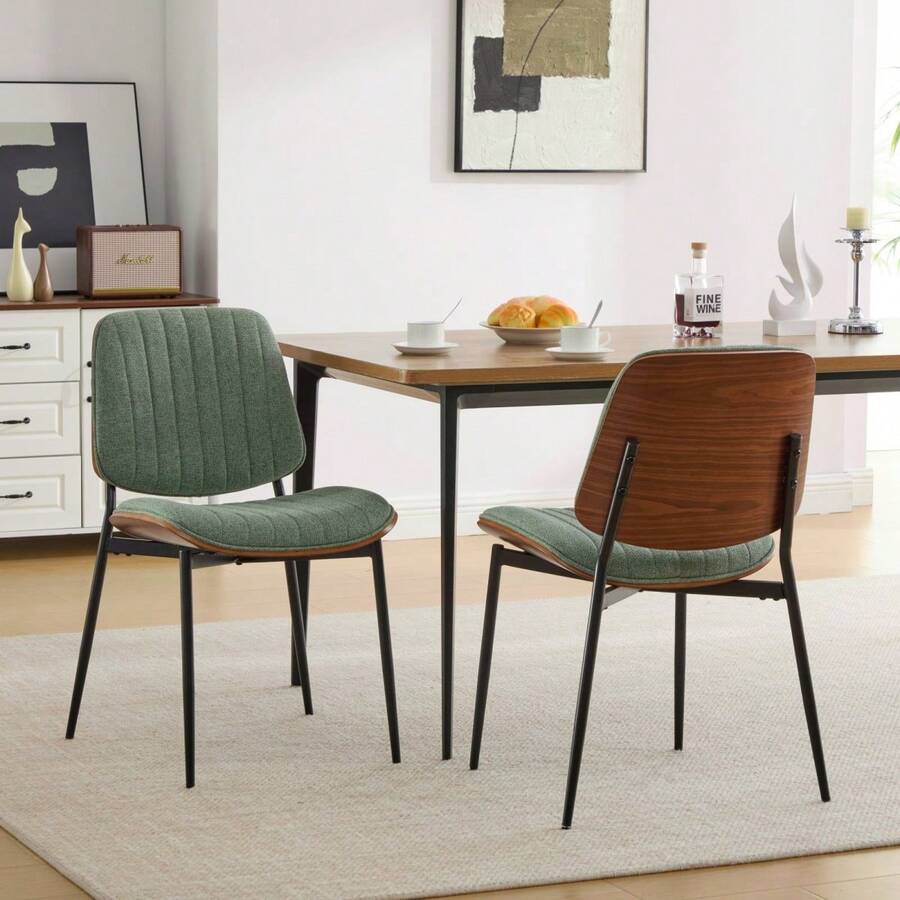 Juego de 2 Sillas de Comedor Estilo Retro Moderno de Mediados de Siglo, Silla de Lino con Respaldo de Madera Curvada de Nogal, Asiento Tapizado, Patas de Metal con Pie Ajustable para Cocina y Comedor (Lino Verde Oliva), SW1849GR - Poliuretano gris + cuero sintético + espuma - Ver 1